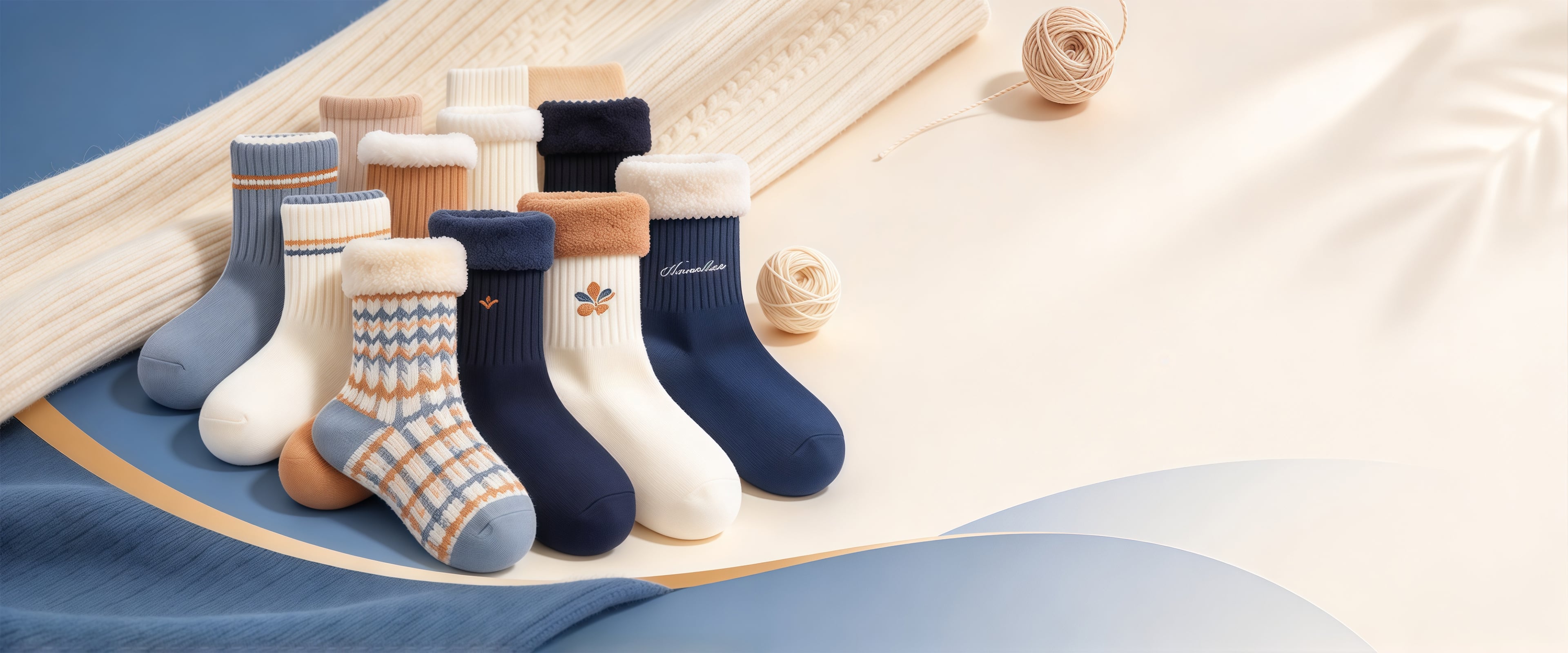 Coral fleece socks displayed with yarn