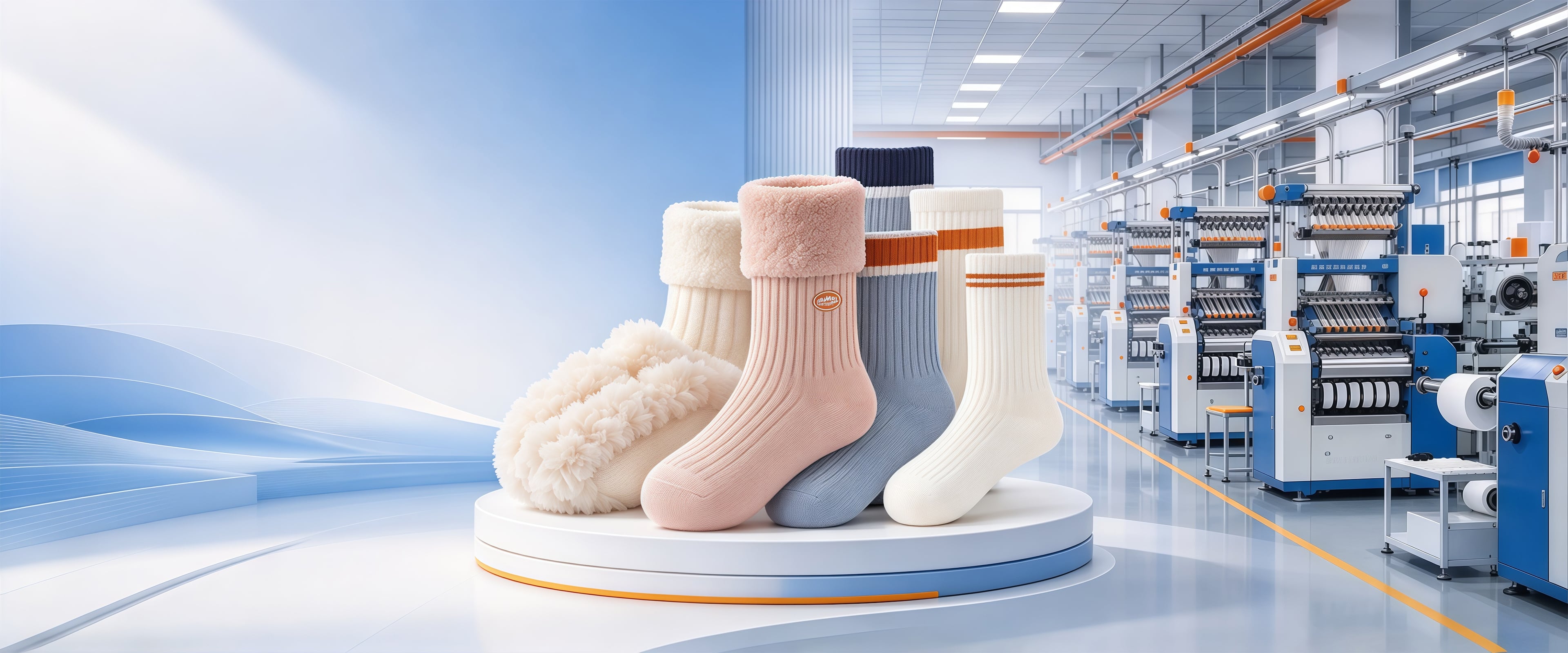 Fleece-cuff socks with a stylized knitting workshop backdrop