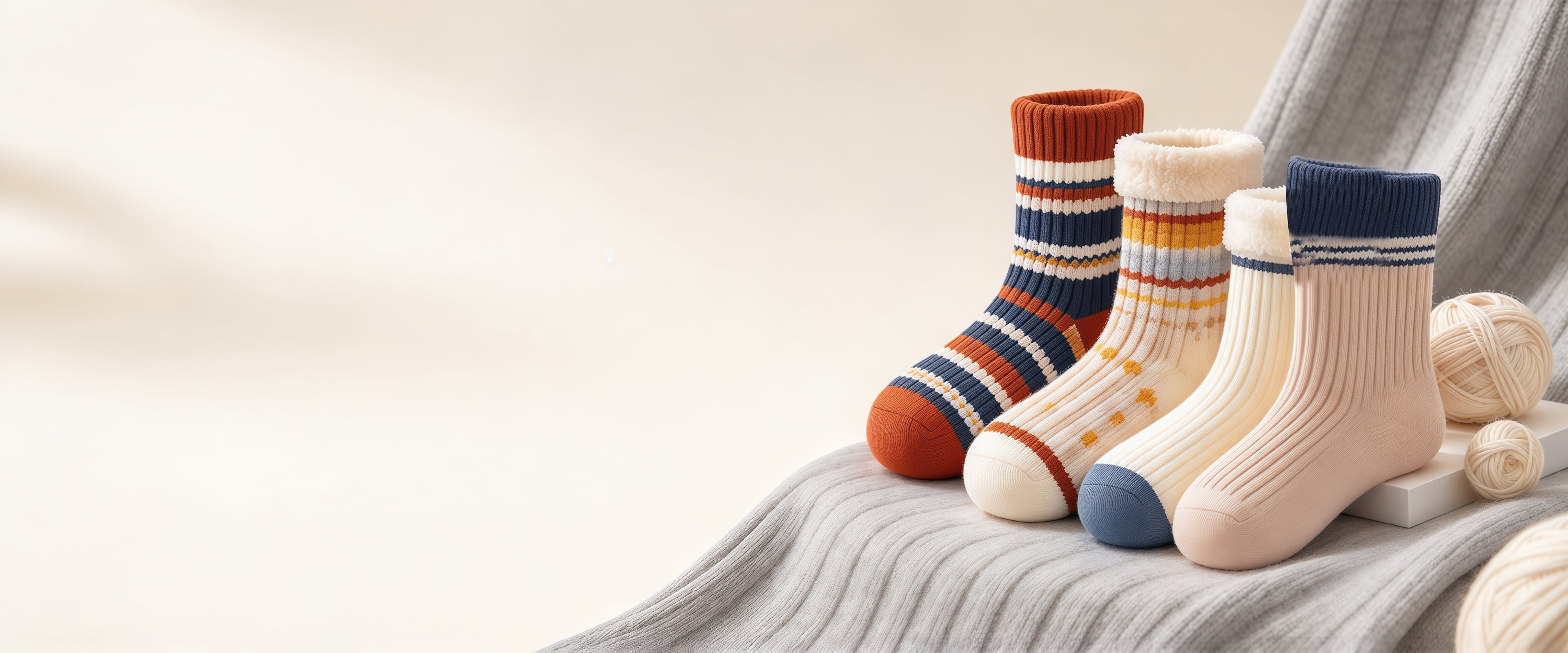 Striped coral fleece socks with yarn and a knitted throw
